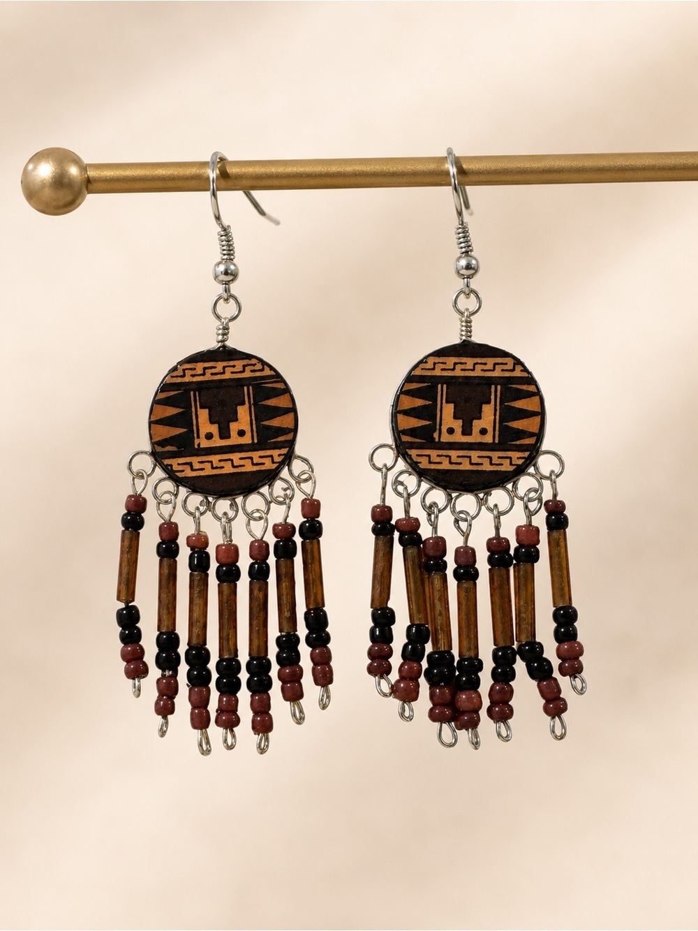 Boho Tribal Beaded Fringe Dangle Earrings Brown Black Wooden Statement Earrings